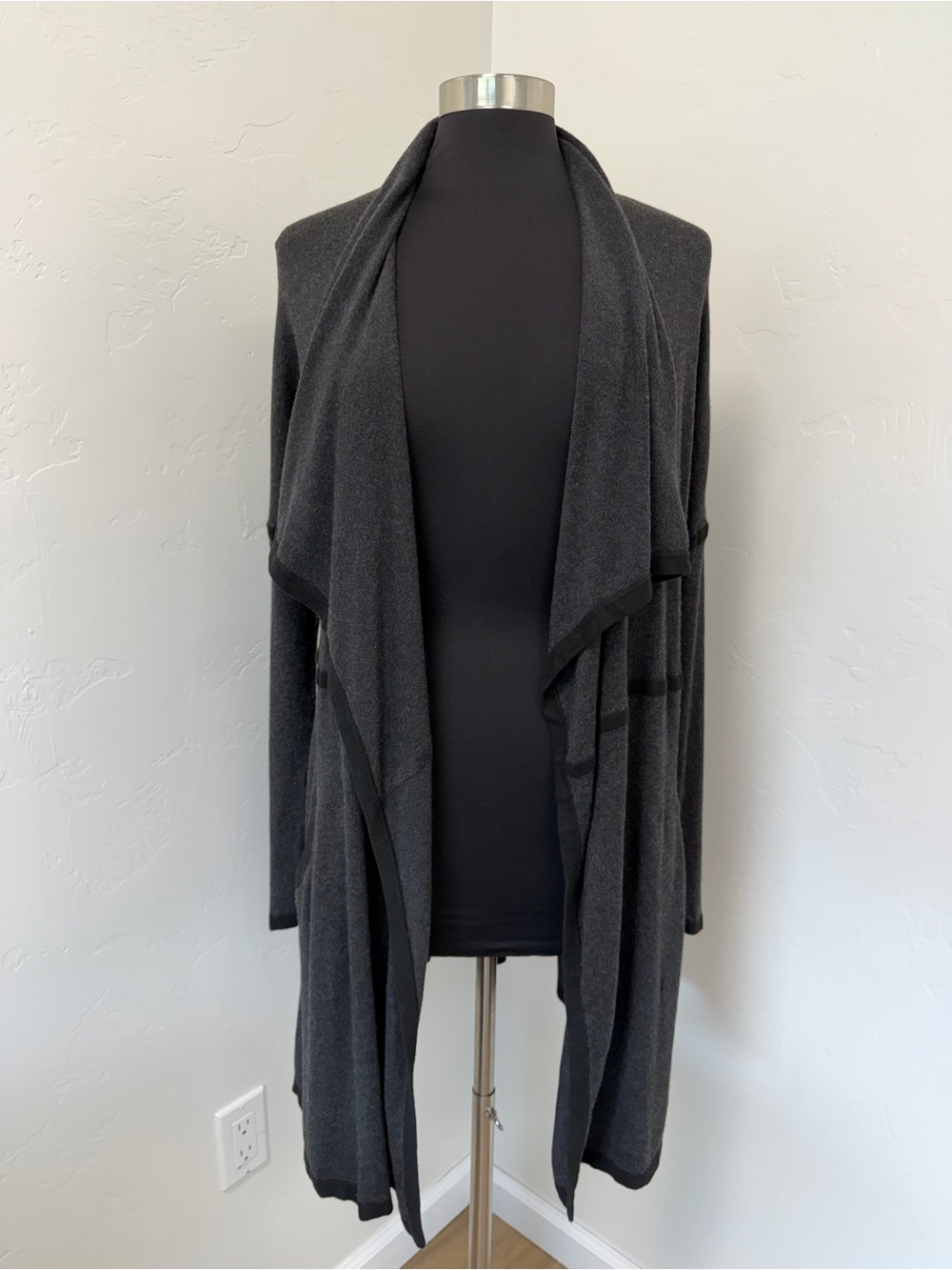 Eileen Fisher Draped Open-Front Charcoal Black Contrast Trim Cardigan Size M